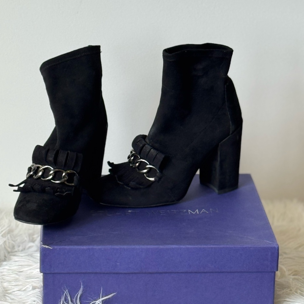 Stuart Weitzman Black Heeled Boots with Chain Detail